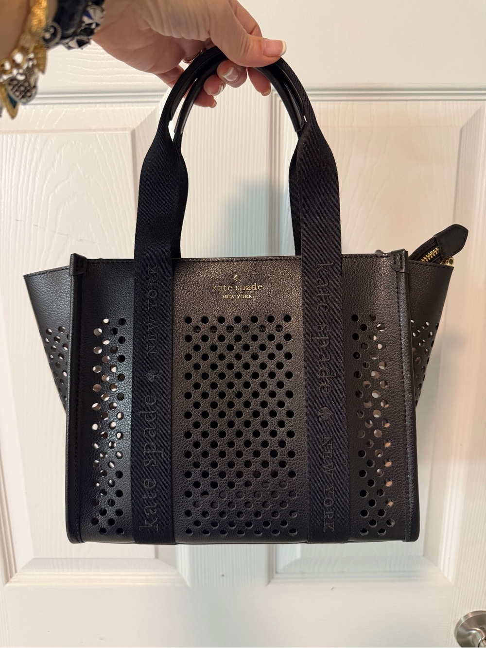 kate spade Black Perforated Leather Tote with Webbed Handles